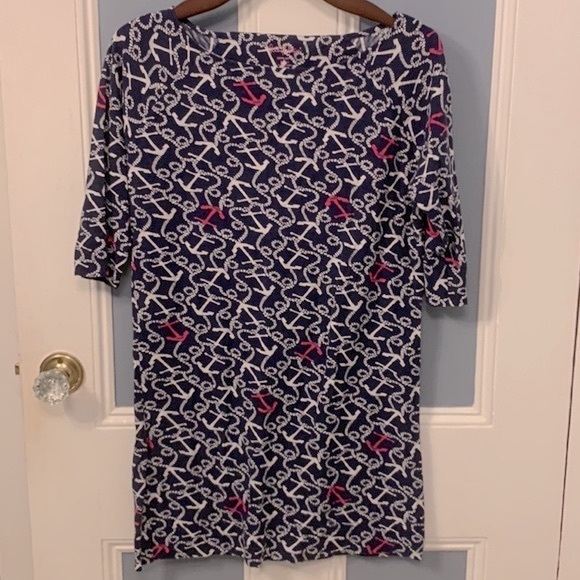 Lilly Pulitzer Navy with Ivory Anchor Print Dress. 100% Cotton. (31.5” Long) - Picture 3 of 9